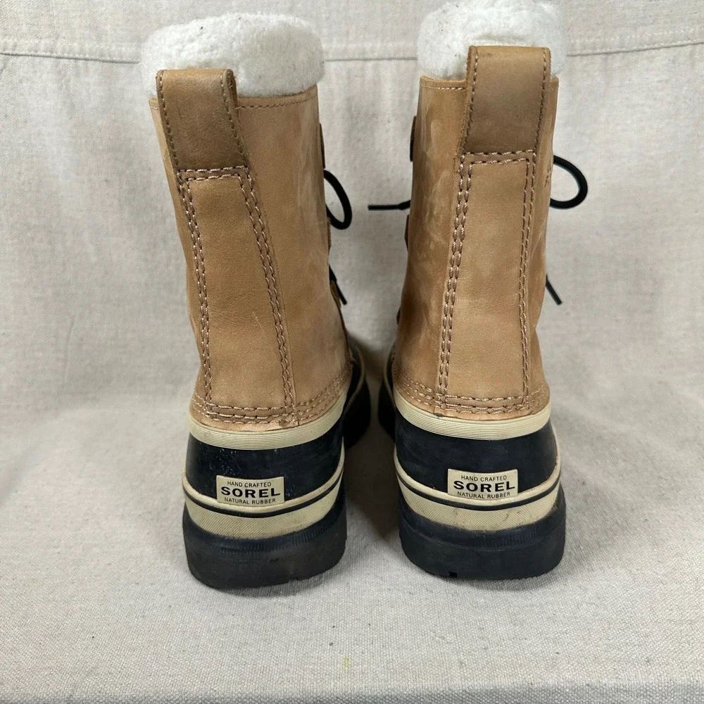 Sorel Kids 4 Caribou Waterproof Winter Snow Boot Tan Black Leather Sherpa Lining